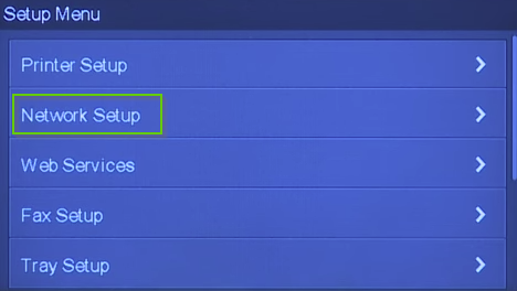 HP printer setup menu with network setup highlighted