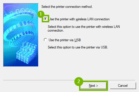 Printer connection method with Use printer with wireless lan connection and the next button highlighted