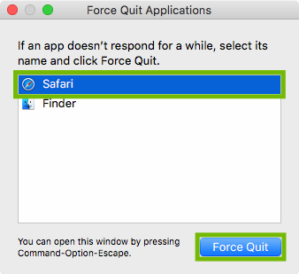 Force Quit dialog with Safari and Force Quit button highlighted.