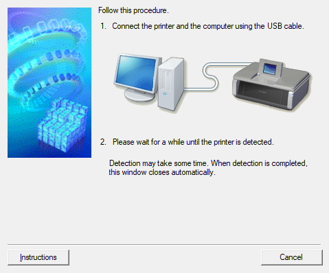 Status page waiting for your to plug in the printer to the U S B port