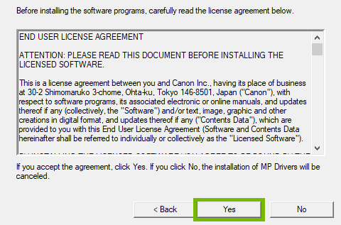 License agreement with Yes highlighted