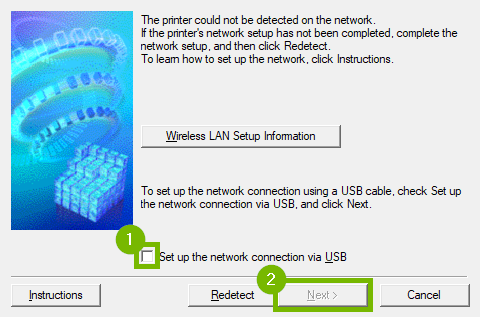 setup page with Setup network connection with USB box highlighted and Next highlighted