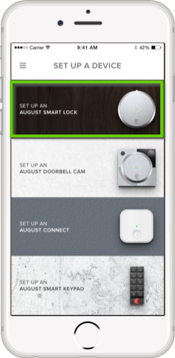 August home app set up a device menu highlighting the august smart lock option.
