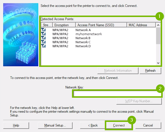 Network setup page with the List of networks, security key, and connect button highlighted