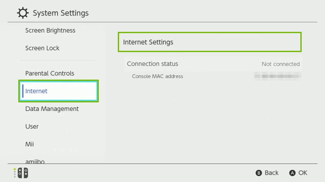 system settings with internet selected and Internet Settings highlighted