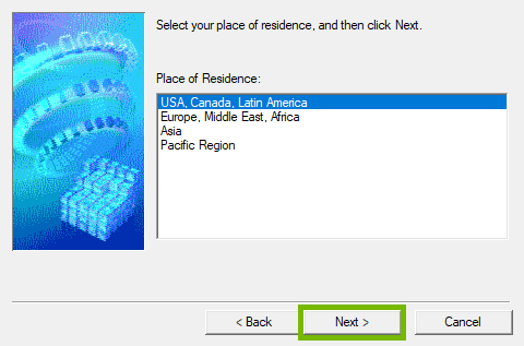 Setup page with different regions listed and Next button his highlighted