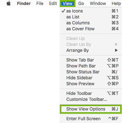 Finder View menu with Show View Options highlighted.