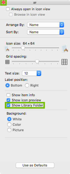 Folder Options with Show Library Folder and close icon highlighted.