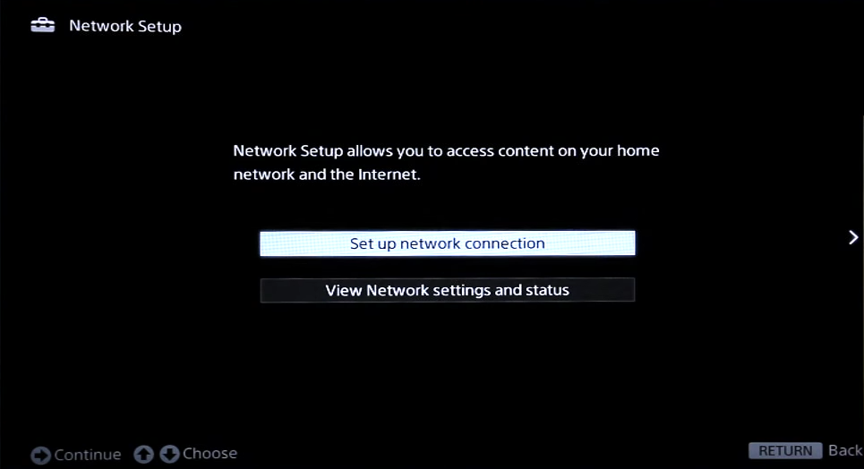 Network setup with set up network connection highlighted