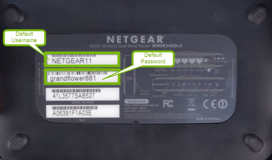 Bottom router label with example default credentials.