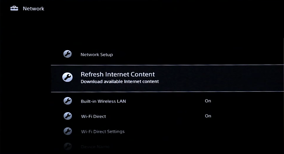 Network screen with refresh internet content highlighted