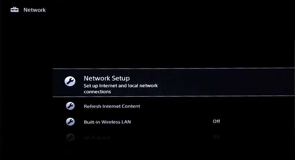 Network settings menu