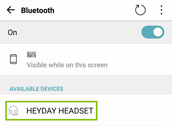 Bluetooth settings with Heyday entry highlighted.