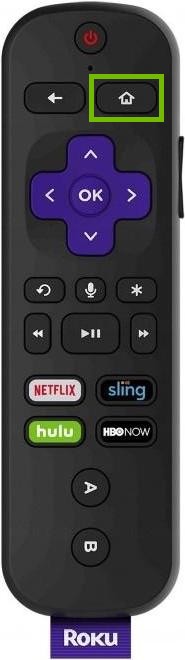 Roku remote with Home button highlighted.