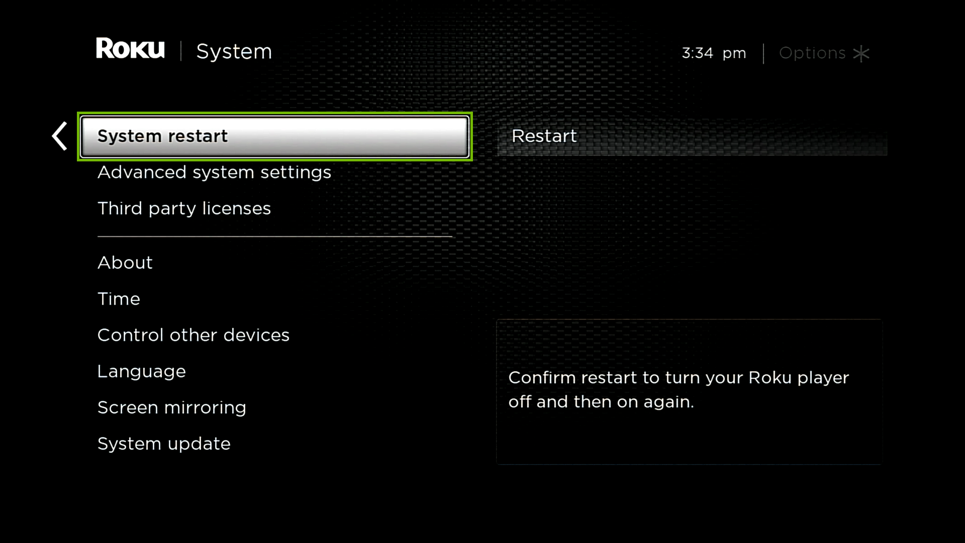 System with System restart highlighted.