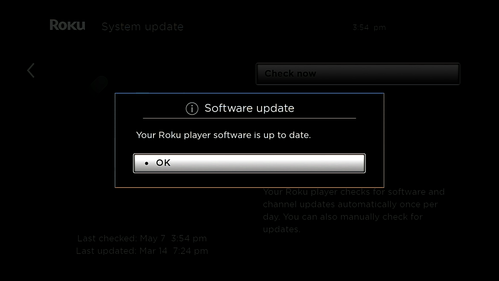 Software update showing the Roku is up to date.