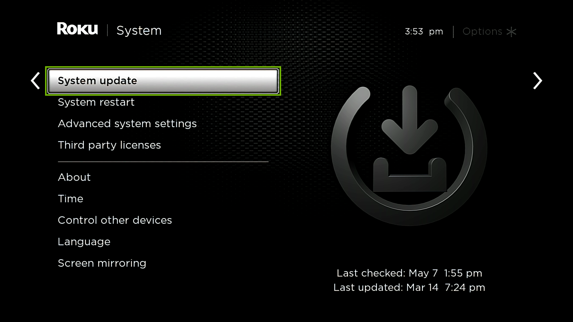 System with System update highlighted.