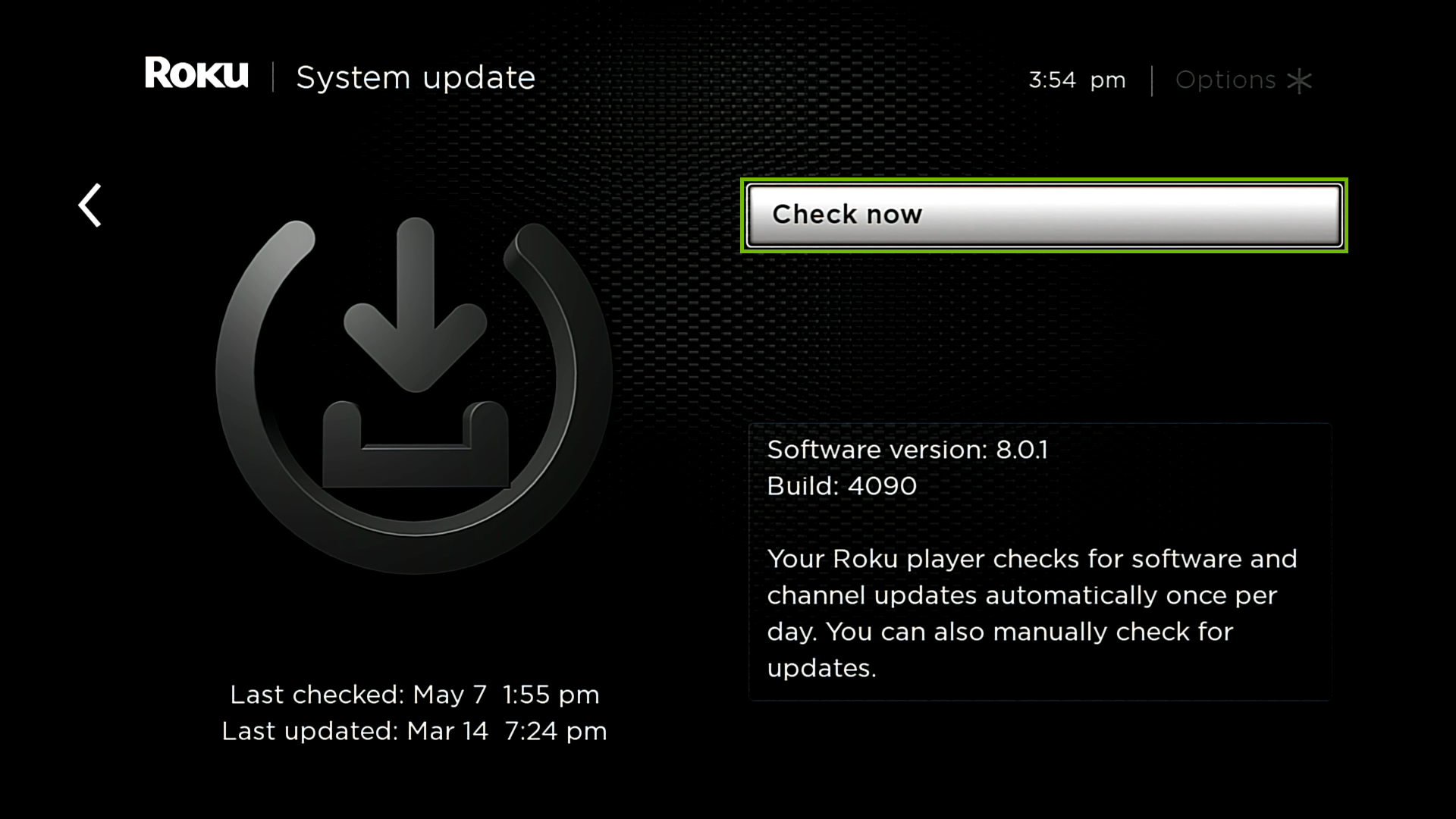 System update with Check now highlighted.
