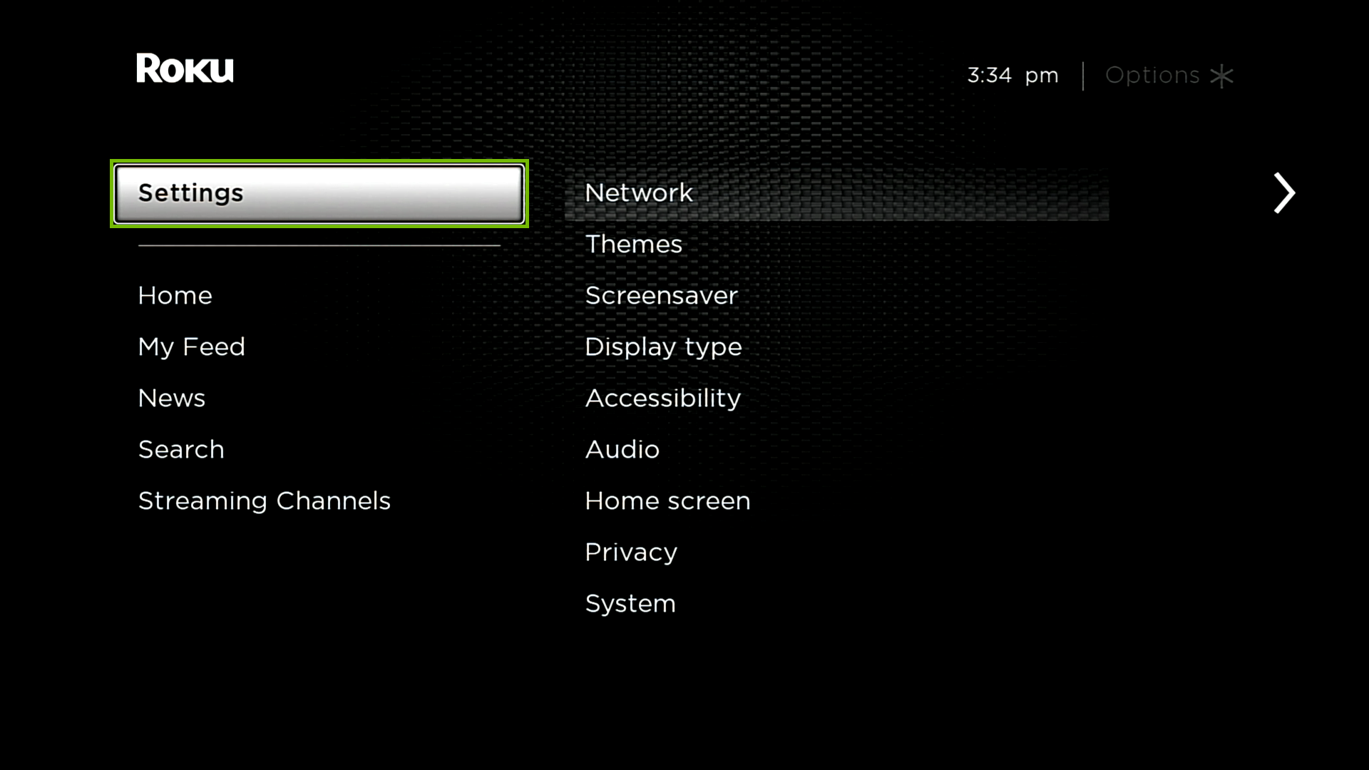 Roku Home screen with Settings highlighted.