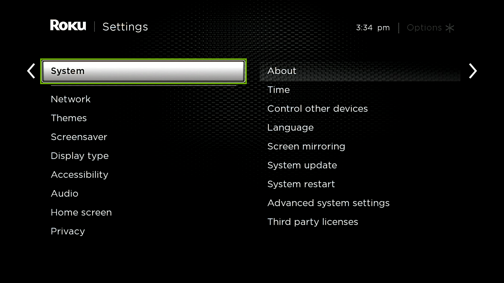 Settings with System highlighted.