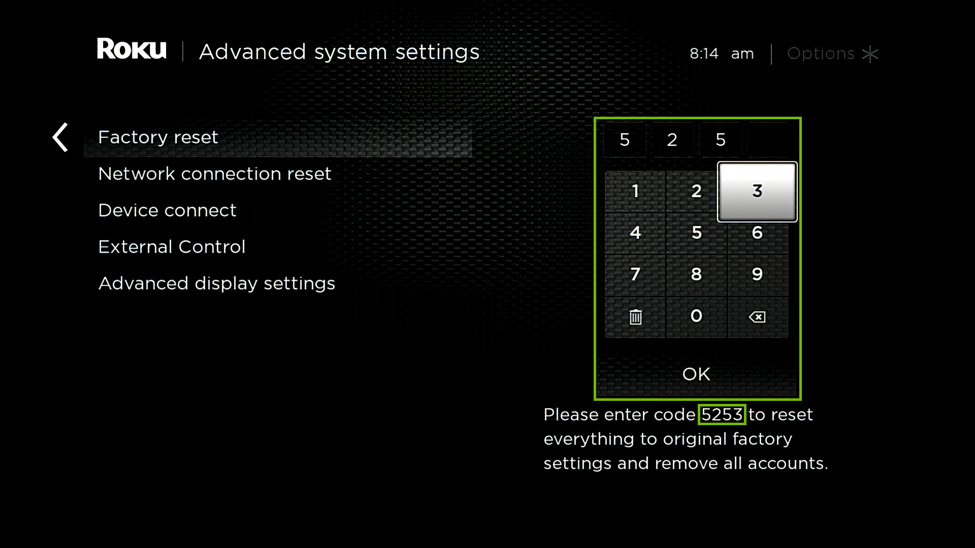 Advanced system settings factory reset with code highlighted on bottom right and number entry area highlighted.