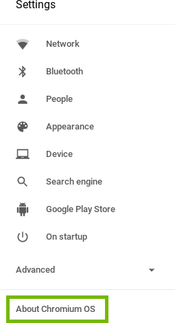 Settings submenu with the about option highlighted at the bottom.