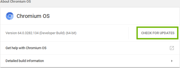 About screen with check for updates highlighted.