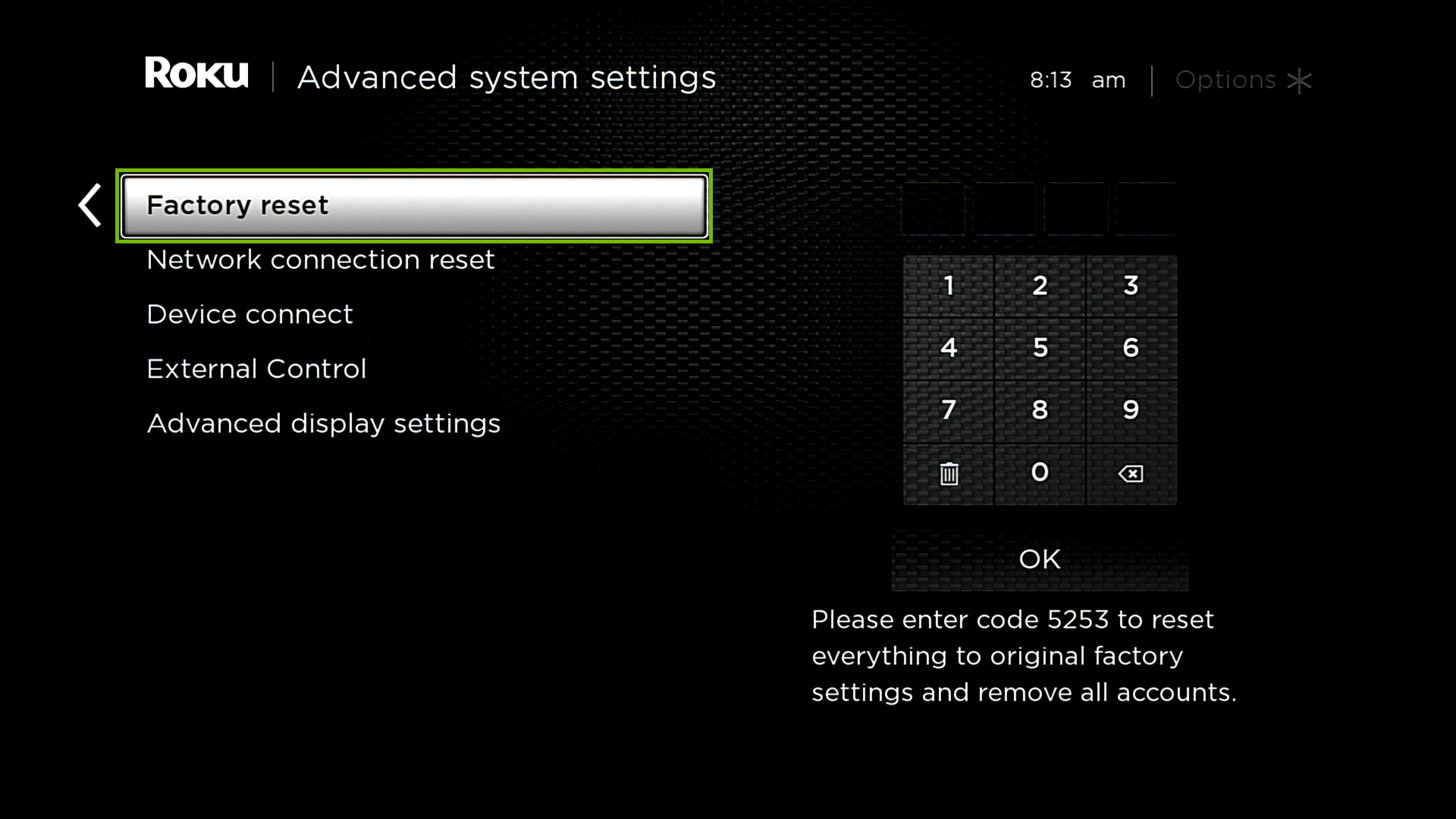 Advanced system settings with Factory reset highlighted.