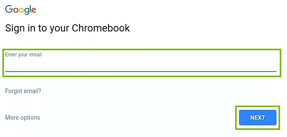 Chromebook setup with e-mail field highlighted