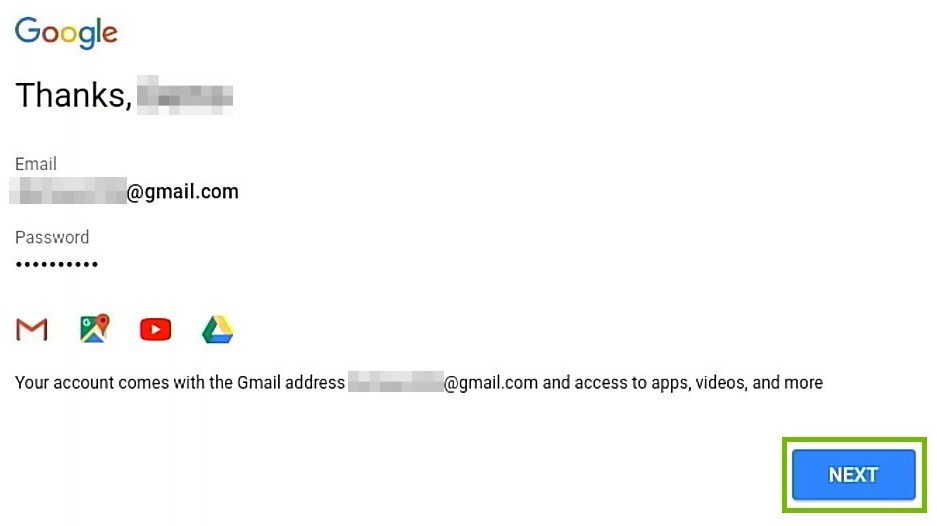 account setup conformation screen with next button highlighted