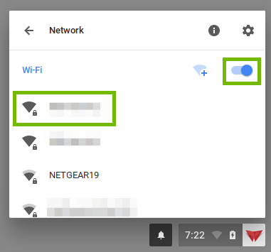 screenshot of Wi-Fi settings with the on off switch and a network highlighted