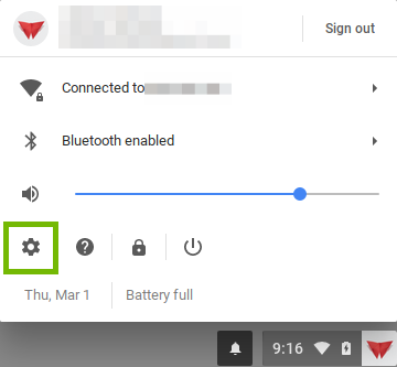 User menu with settings highlighted.