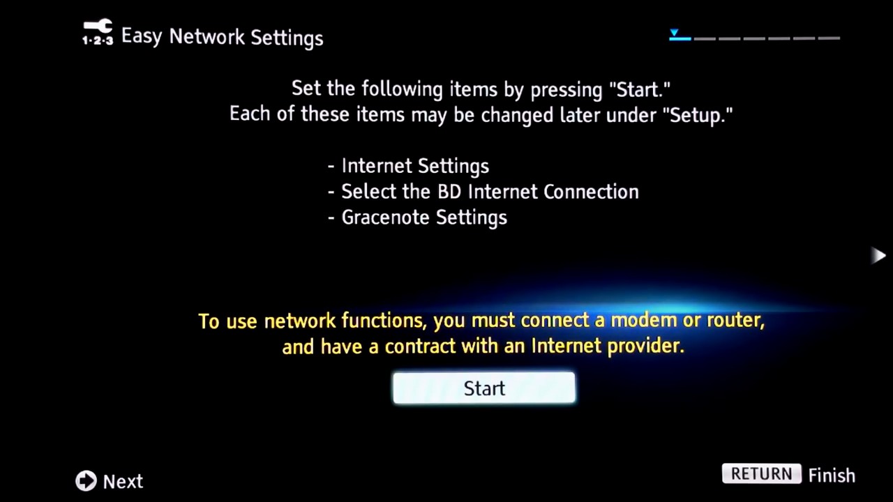 network setup welcome with start highlighted