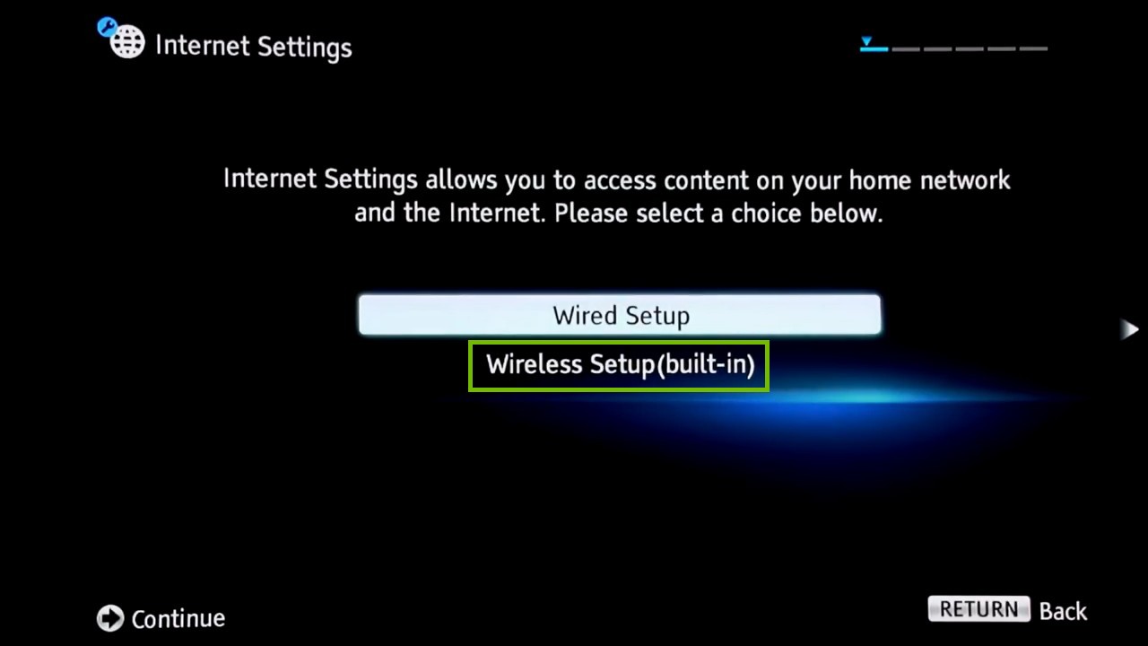 connection type with wireles setup highlighted
