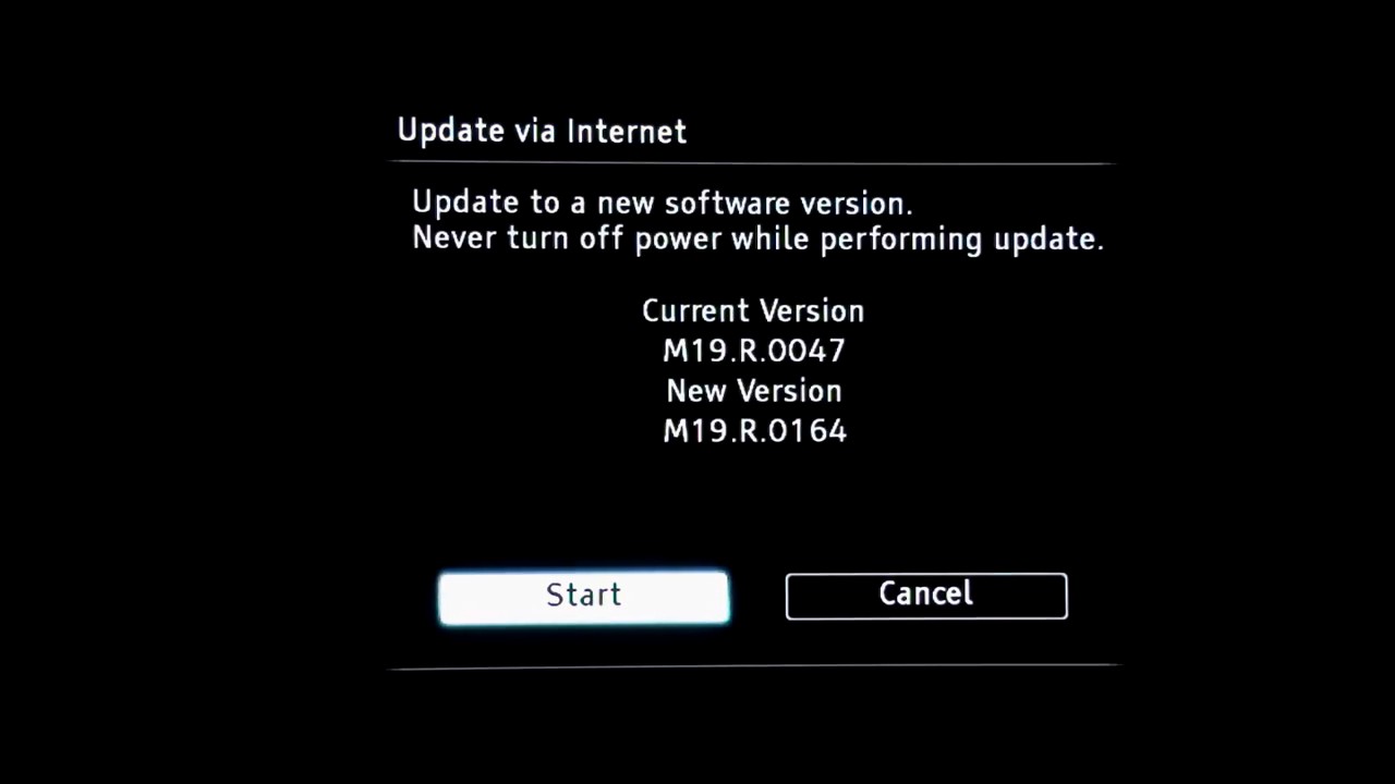 Software version prompt with start highlighted
