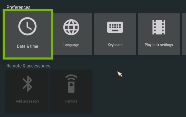 Settings with Date and Time selected. Screenshot.