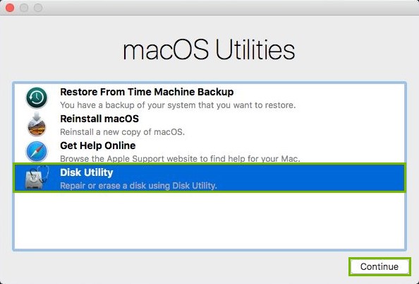 Disk Utility and Continue highlighted