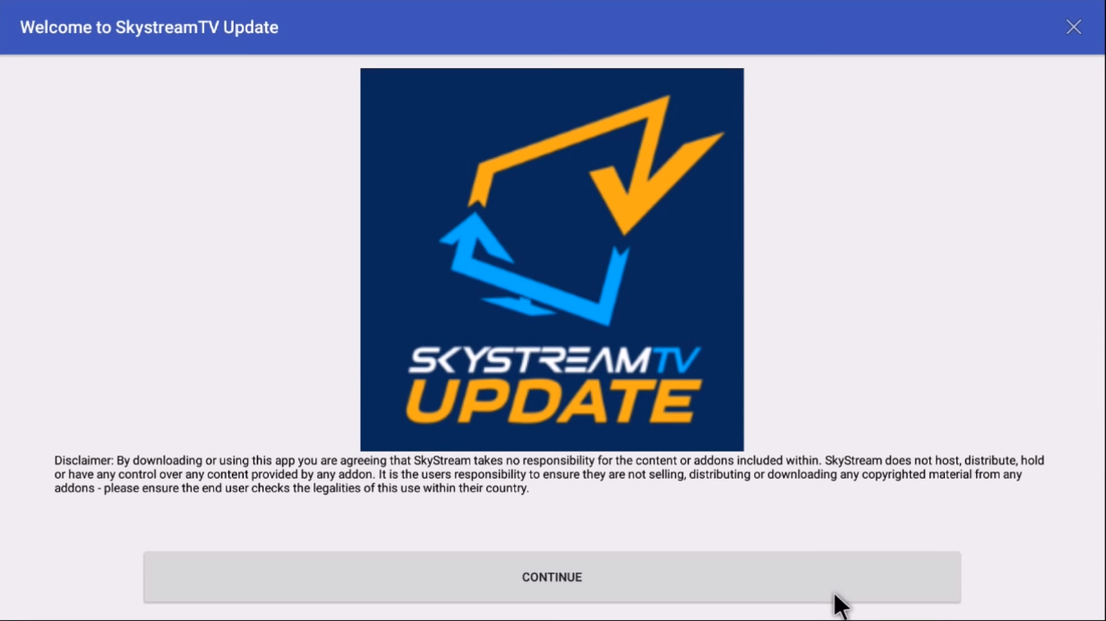 SkyStream Updater with Continue button selected. Screenshot.
