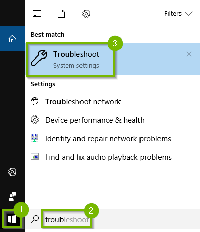 start menu open with start menu button highlighted and then troubleshoot is highlighted in the search bar and then Troubleshoot is highlighted in the search results