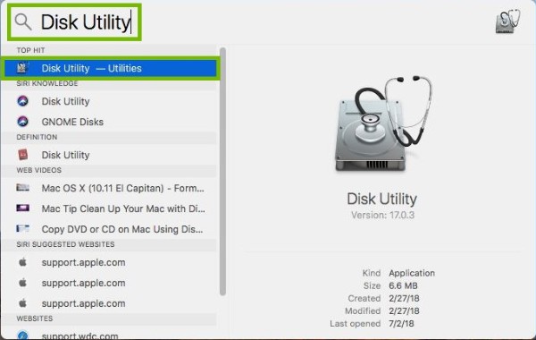 Spotlight with Search bar and Disk Utility app highlighted