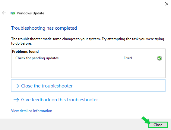 example screen showing results of troubleshooter