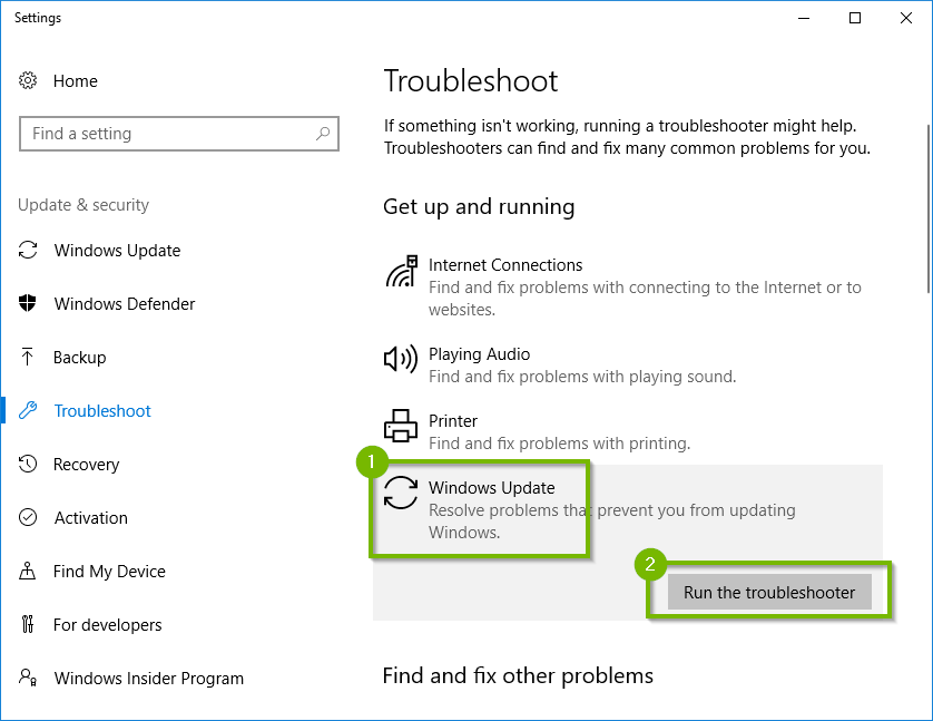 settings app with Windows Update highlighted and Run the troubleshooter is highlighted