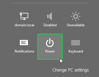 Windows 8.1 charms bar showing Power icon highlighted
