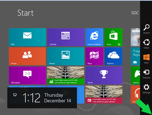 Windows 8 Start Menu, Charms Bar open, indicating corner to open Charms Bar.
