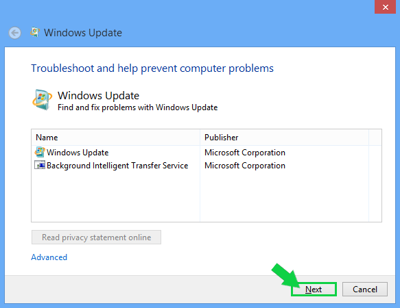 Windows 8.1 update troubleshooter window showing Next highlighted
