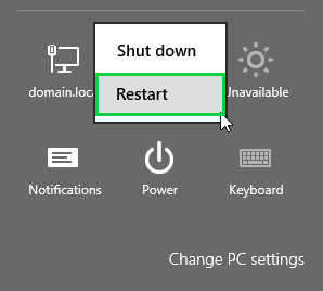 Windows 8.1 charms bar showing restart highlighted