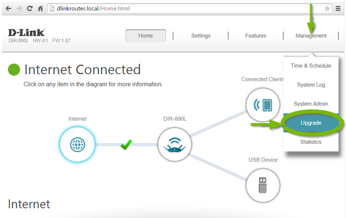 Web interface screenshot, Upgrade highlighted
