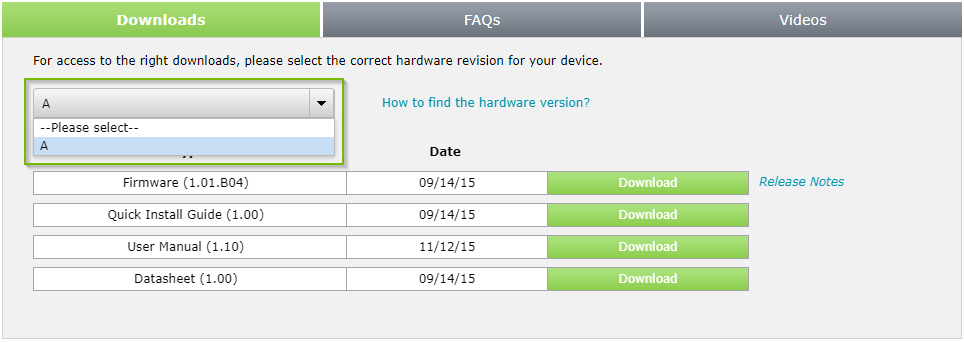 Dropdown box with available hardware versions of selected product.