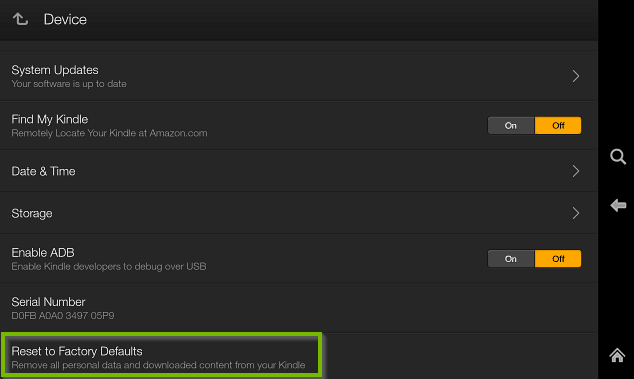 Device Options with Reset to Factory Defaults highlighted