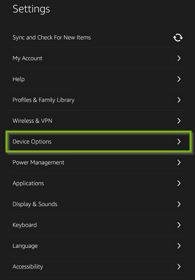 Settings screen with Device Options highlighted
